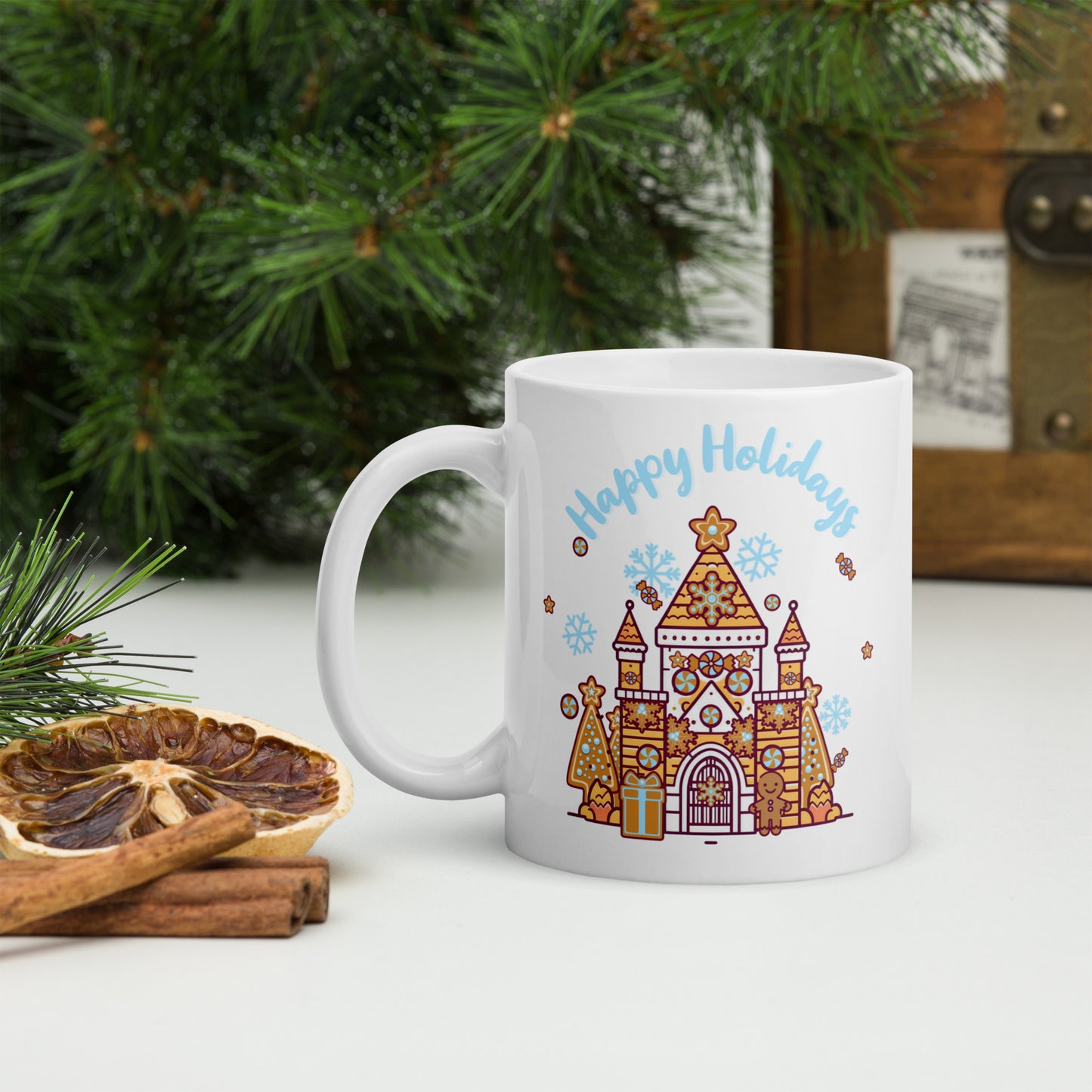 Holiday Gingerbread Castle White glossy mug