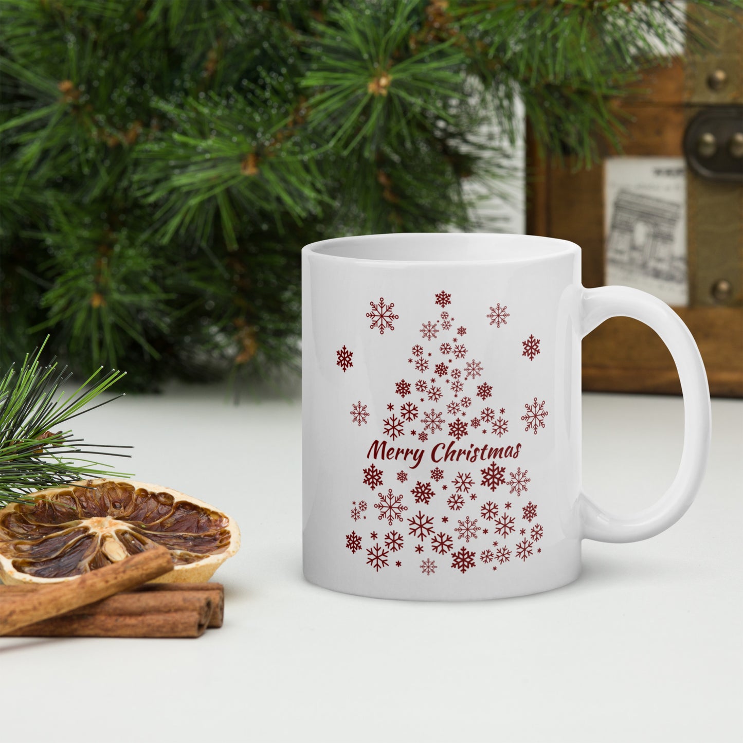 Red Snowflake Tree White glossy mug