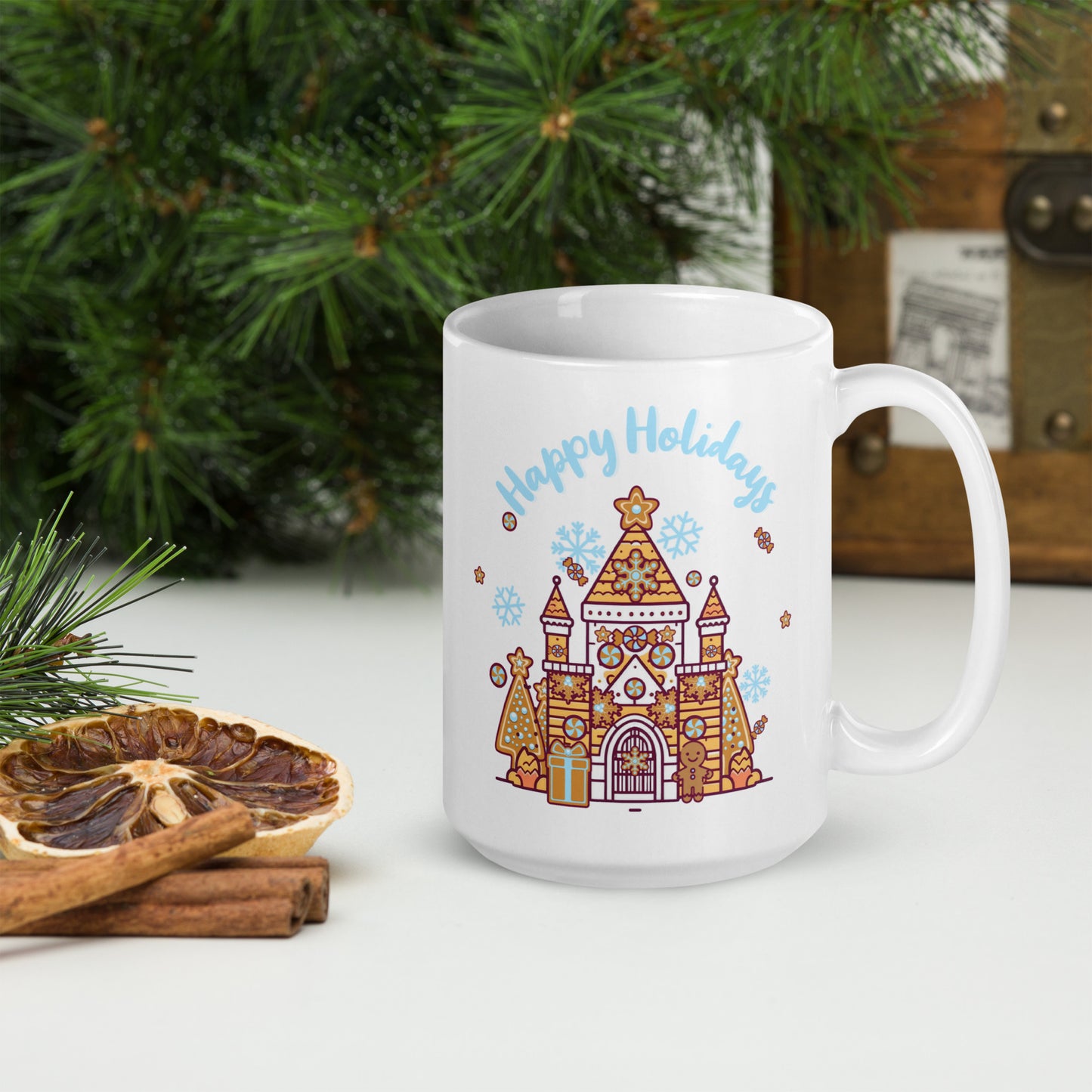Holiday Gingerbread Castle White glossy mug