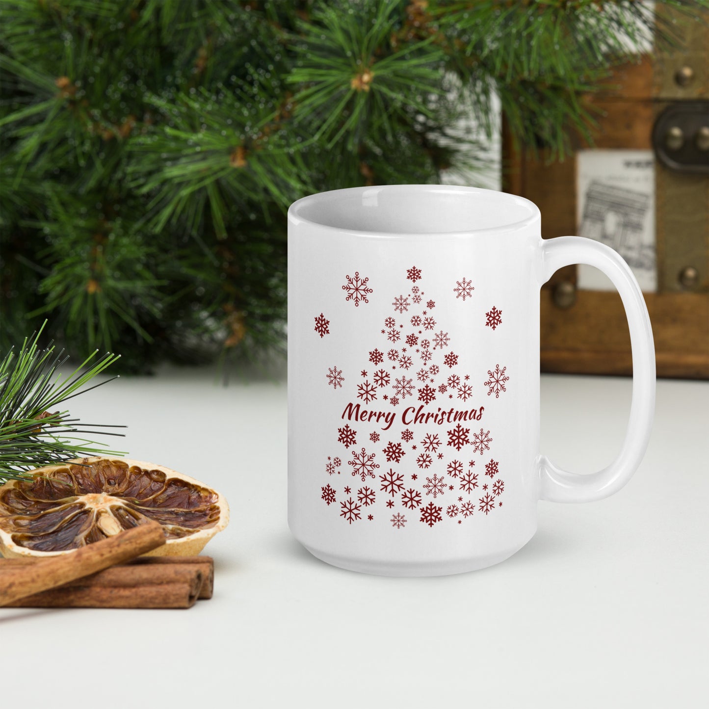 Red Snowflake Tree White glossy mug