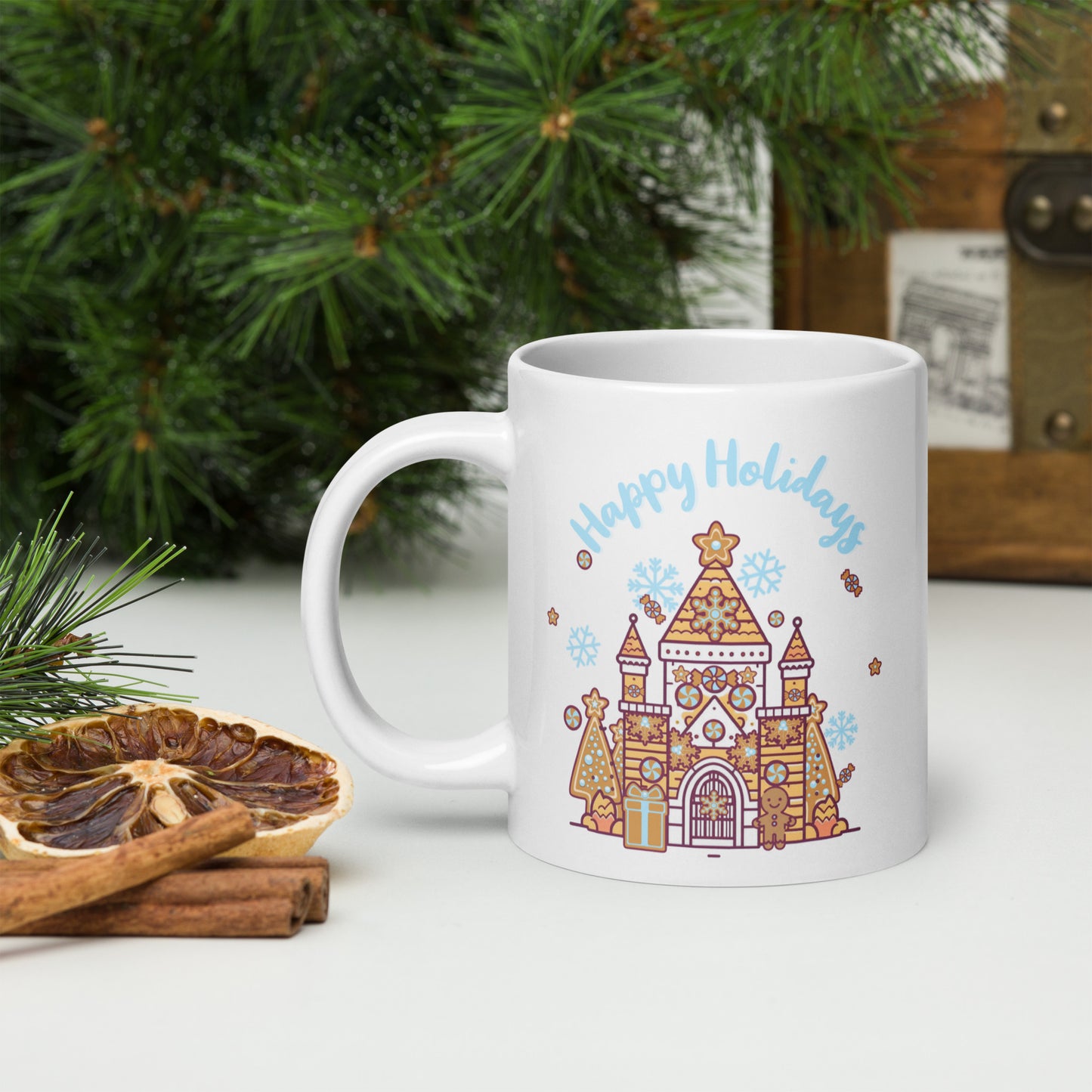 Holiday Gingerbread Castle White glossy mug