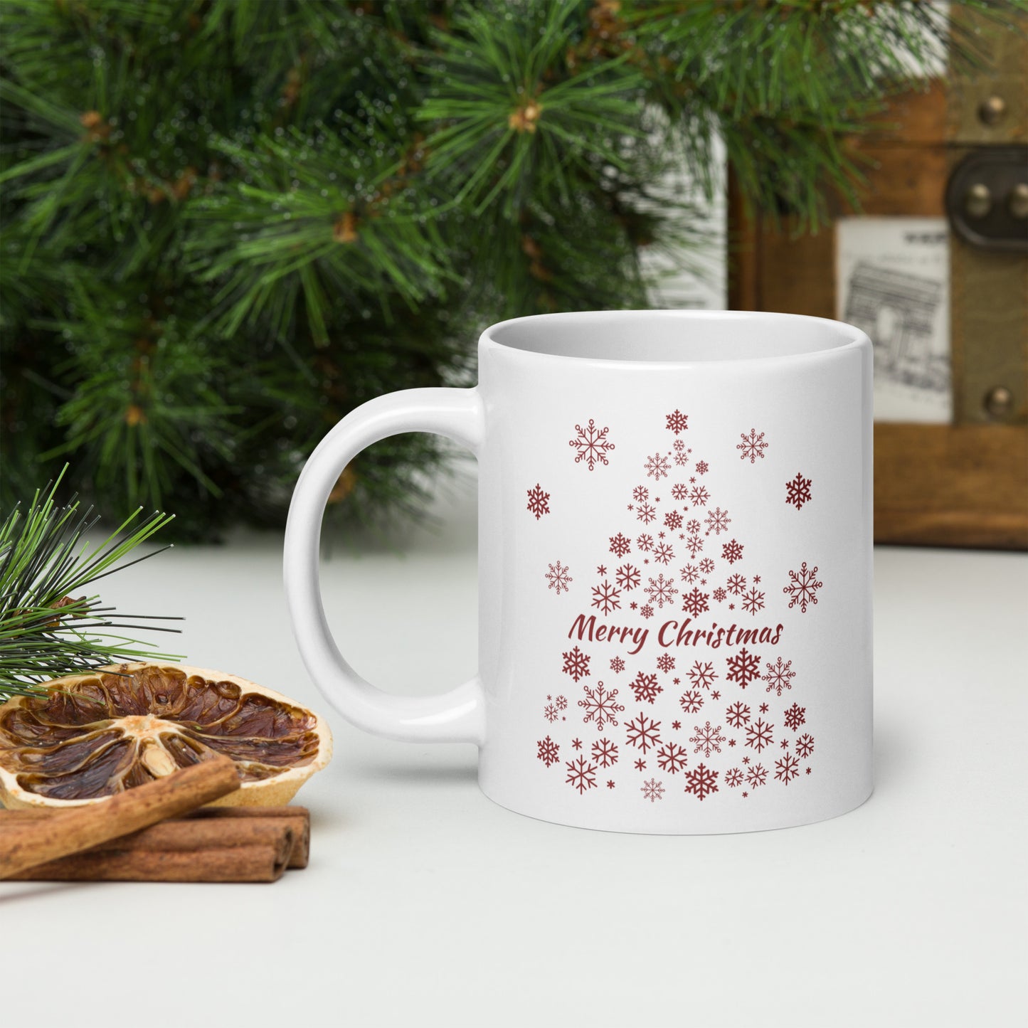 Red Snowflake Tree White glossy mug