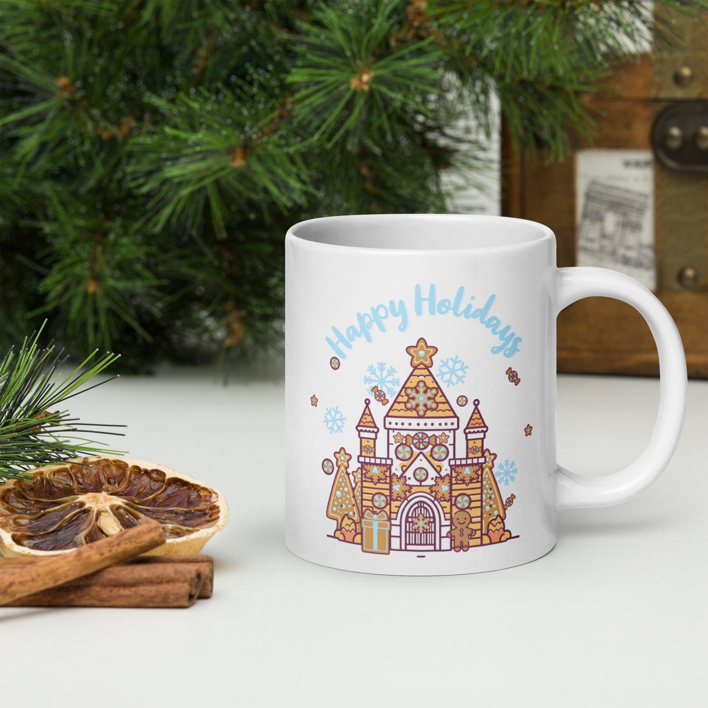 Holiday Gingerbread Castle White glossy mug