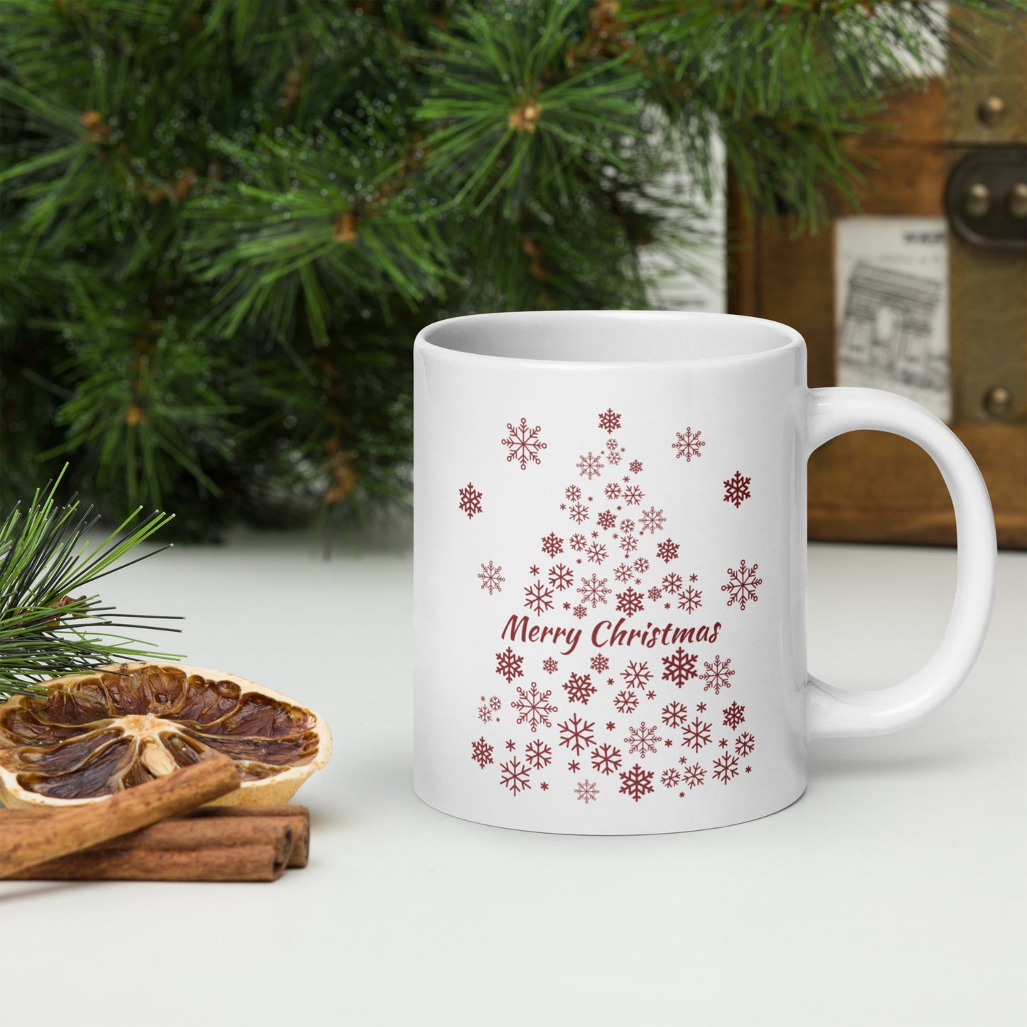 Red Snowflake Tree White glossy mug